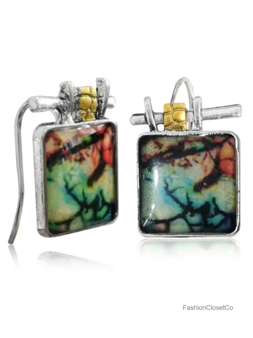 Boho Hammered Silver Square Dangle Earrings Wire Wrapped Statement Jewelry